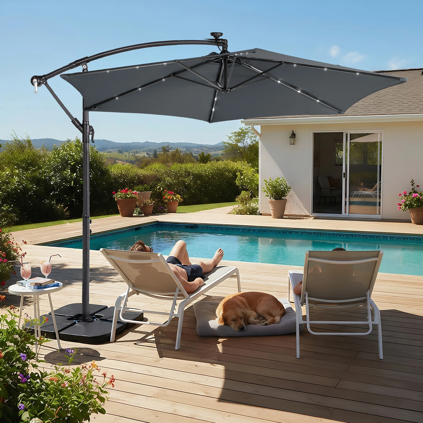 

10FT LED Banana Hanging Patio Umbrella Waterproof Polyester Canbrella with Cross Base Gray