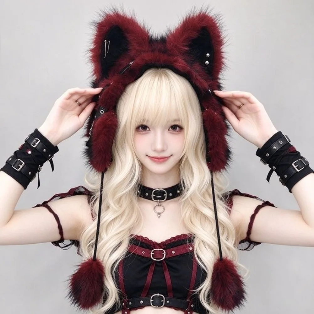 Kawaii Y2K Gothic Cat Ear Earmuffs Thick Warm Wind-proof Fluffy Earmuffs Cosplay Headwear Winter Plush Earmuffs Winter