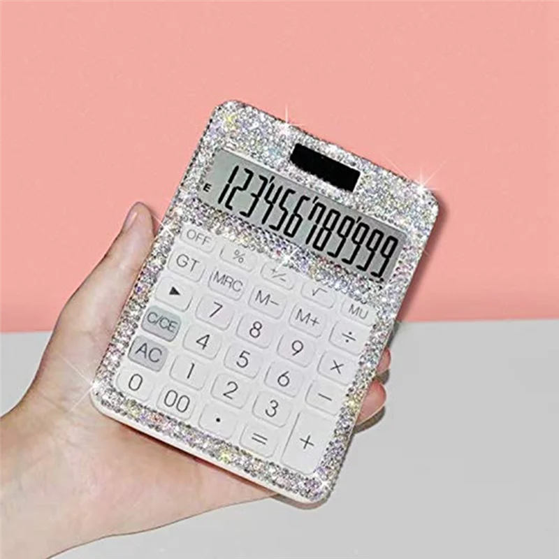 Rhinestone Crystal Dazzling 12 Digit Solar and Battery Dual Power ,LCD Display Calculator for Office, School White