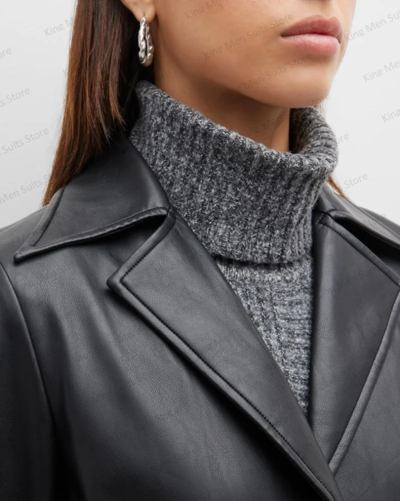 Traje de cuero negro para mujer, Chaqueta larga Formal de oficina para mujer, abrigo hecho a medida de una sola botonadura, 1 pieza