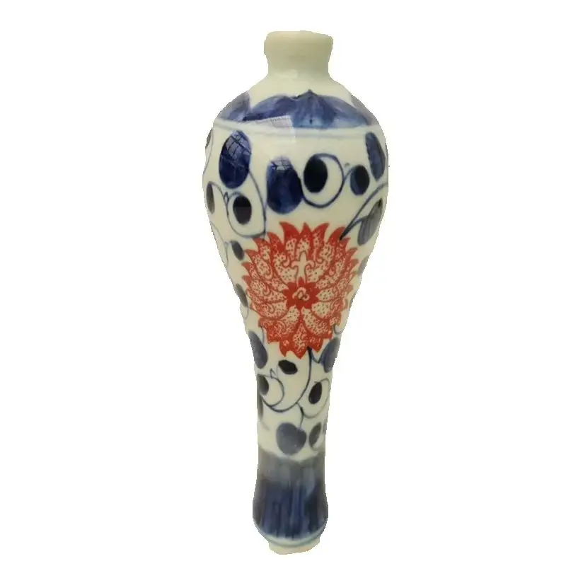 

China Old Porcelain Blue and white glazed red flower patterned plum vase Traditional Asian Antique Decorative collectibles