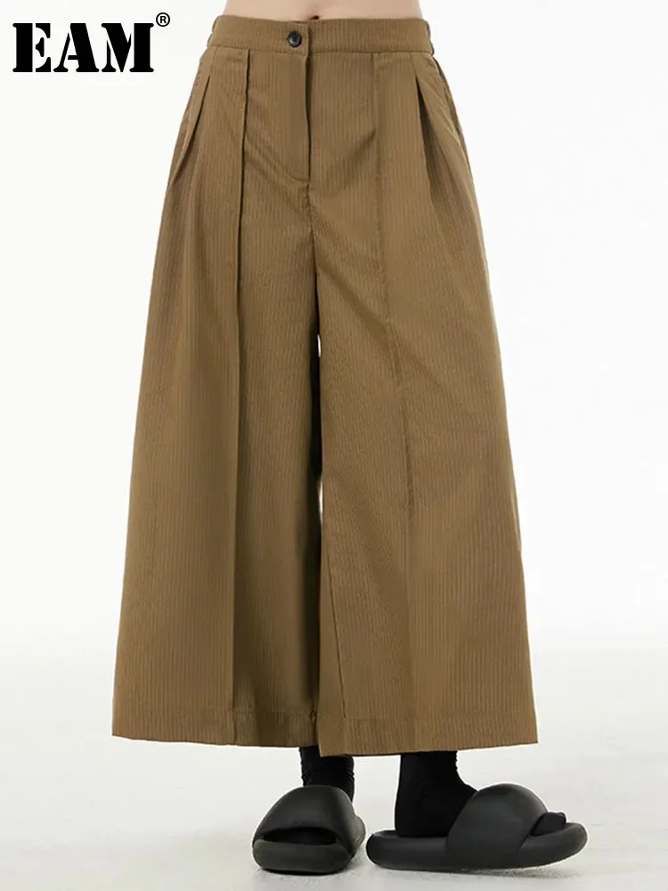 

Женские плиссированные брюки EAM, длинные широкие брюки цвета хаки с высокой эластичной талией и карманами, весна-осень 2024