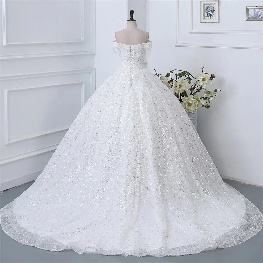 Real Foto Luxe Prinses Bruid Trouwjurken Baljurk Off Shoulder Kralen Shinny Bruidskleding De Mariée Vestidos