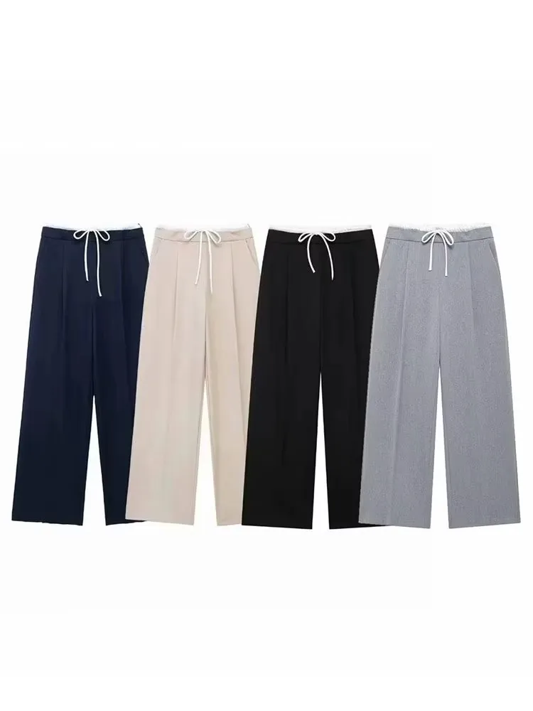 กางเกงลำลองผู้หญิง HH 2024 ทรงขากว้าง เอวสูง ดีไซน์ต่อผ้า แต่งลาย  ทรงหลวม สไตล์ชิค สำหรับฤดูใบไม้ร่วง