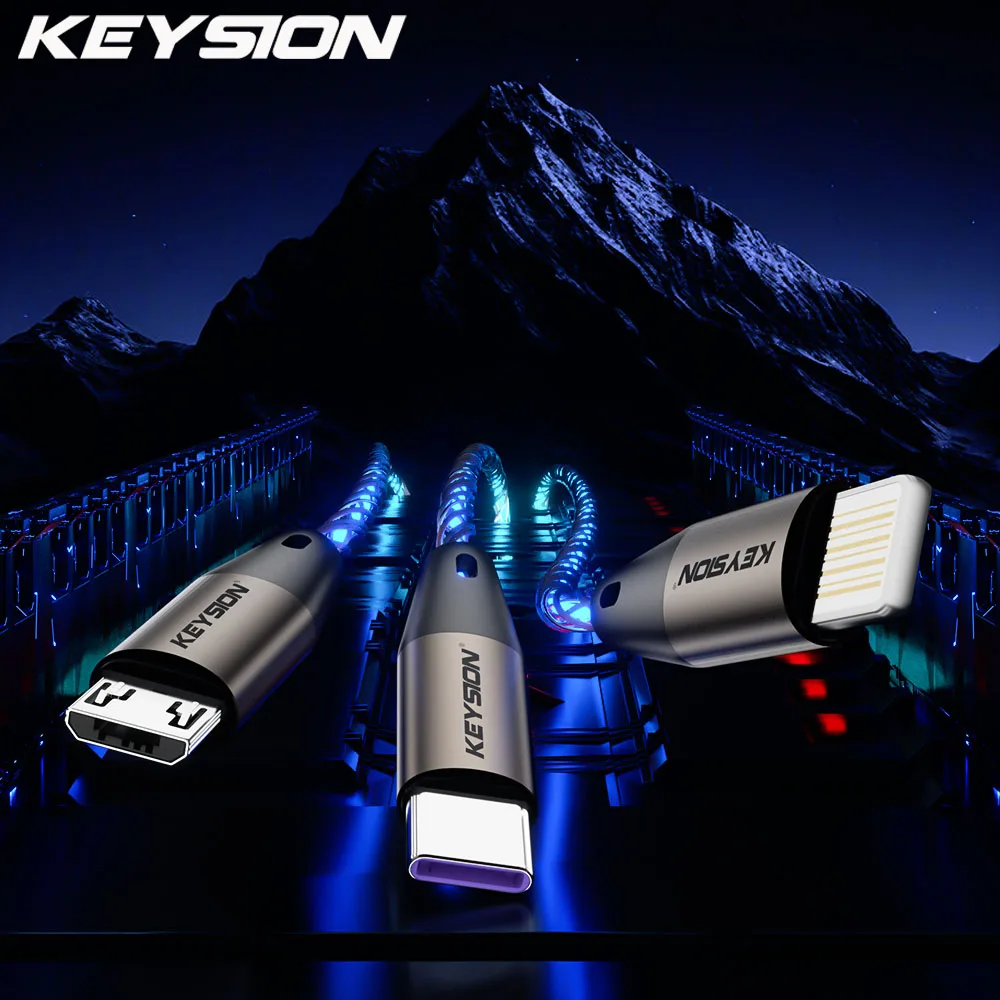 KEYSION 3 in 1 USB Cable Colorful LED RGB Light Gradient Micro USB Cord Type-C Fast Charging Wire for iPhone Samsung Xiaomi OPPO