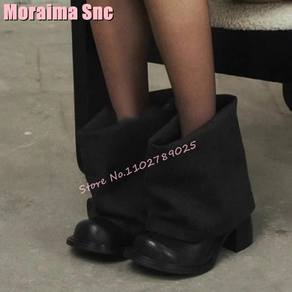 

Fashion Denim Turned-over Edge Ankle Boots Block Chunky Heel Round Toe Slip On Women's Short Boots Black Solid Autumn Winter New