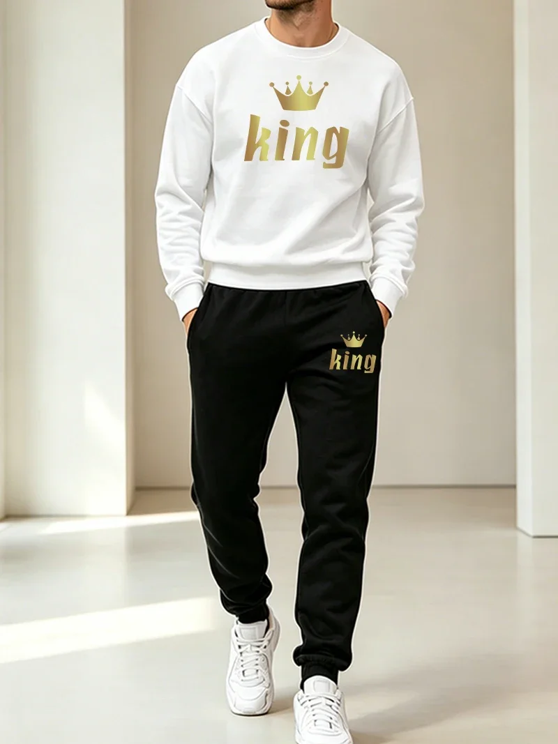 King Printing Men's Sports Suit Autumn Winter Casual O Neck Sweatshirt Gym Tracksuit Outdoors Fitness Jogging Single Tops Pants