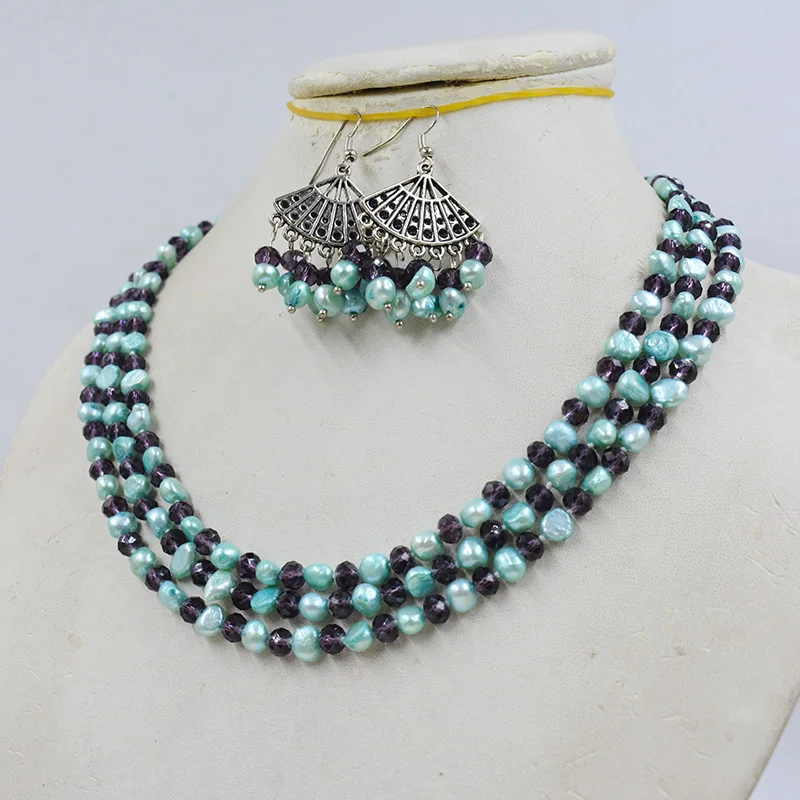 

3-strand AAA 6mm natural Baroque pearl/crystal necklace earring set