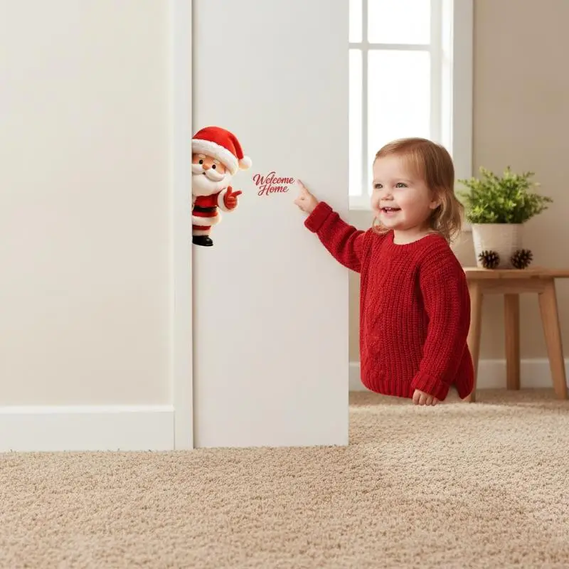 3D Peeking Santa Wall Sticker Attractive Welcome Sign Christmas Entryway Hotel Lobby Restaurant Decor