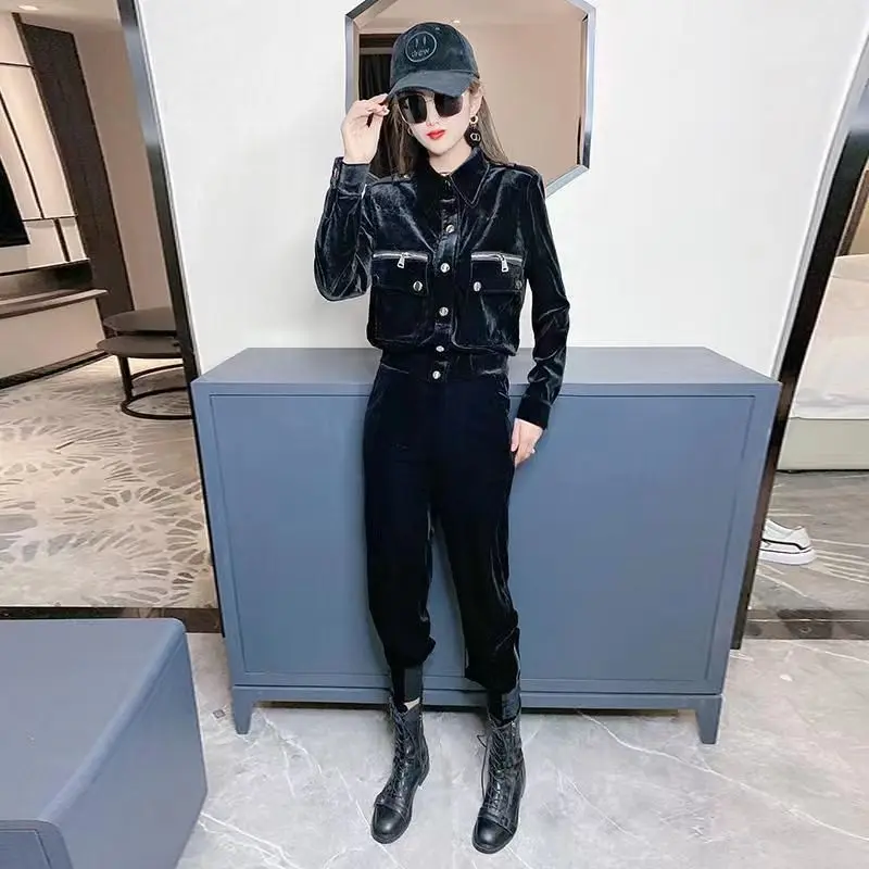 2023 New Women's Golden Velvet Workwear Set Women's Fashion Versatile Cool Fashion Set Top And Pants