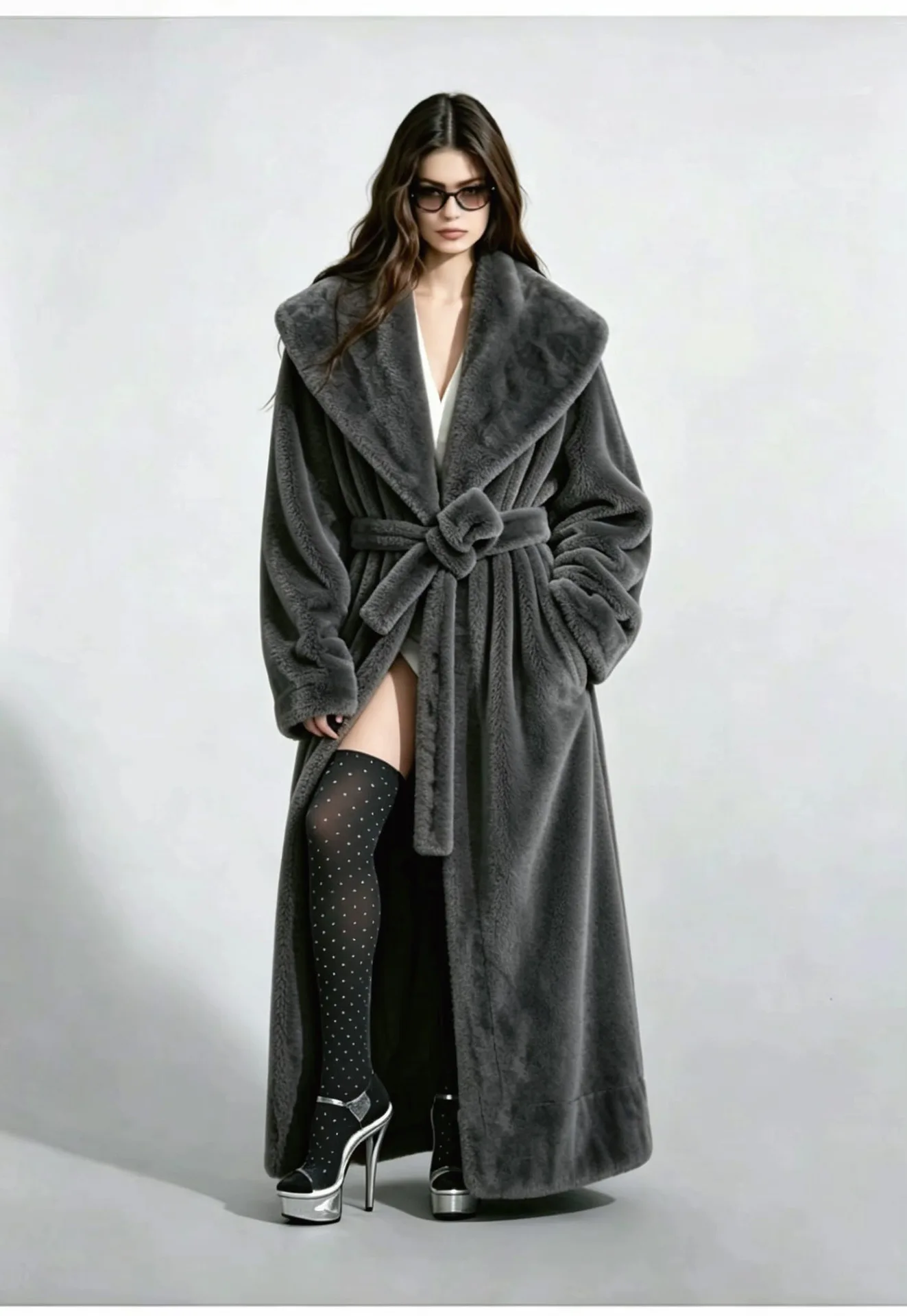 Long Coats Women Faux Fur Jackets Turn Down Collar Coat Thick Warm Y2k Streetwear Jacket Work Lace Up Tight Waist Autumn Winter