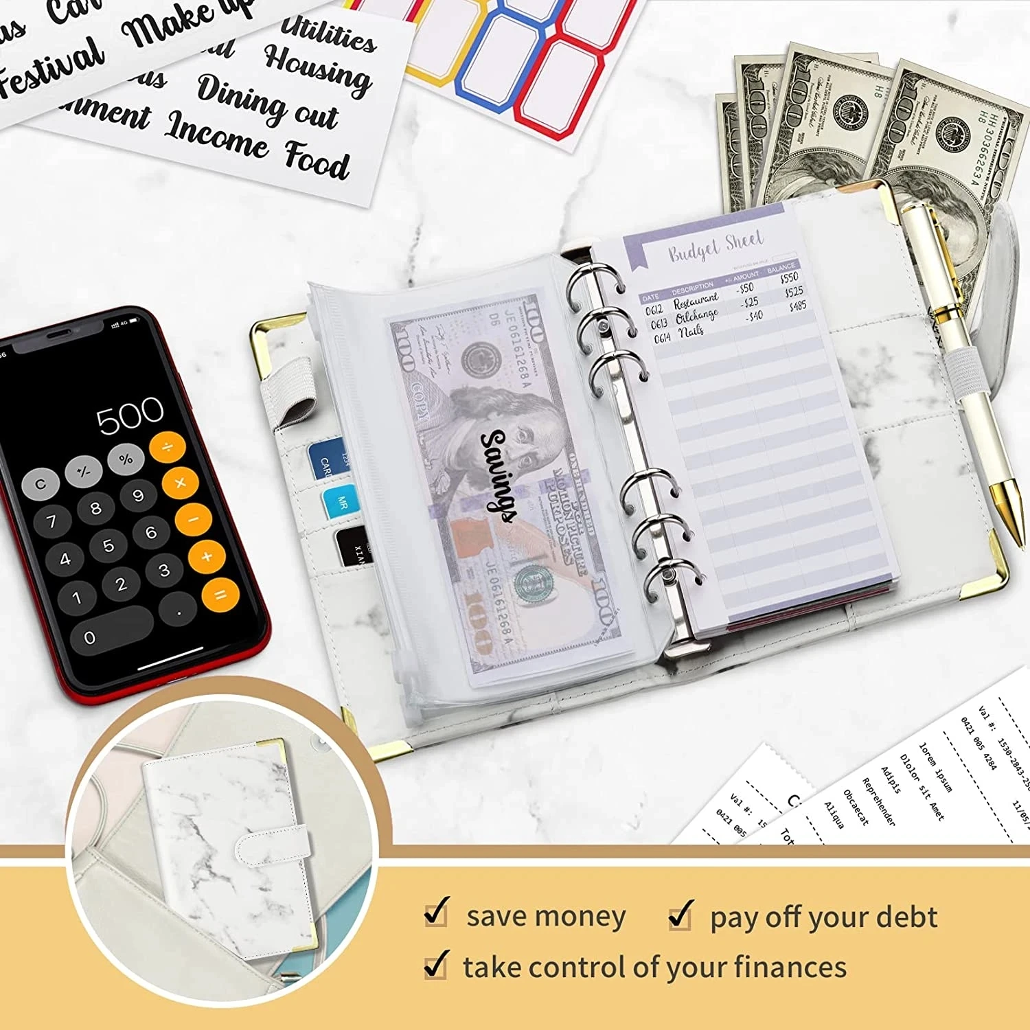 A6 Money Saving Organizer PU Leather Budget Binder Marble Notebook Budgets Planner 2023 Envelope Office School Supplies