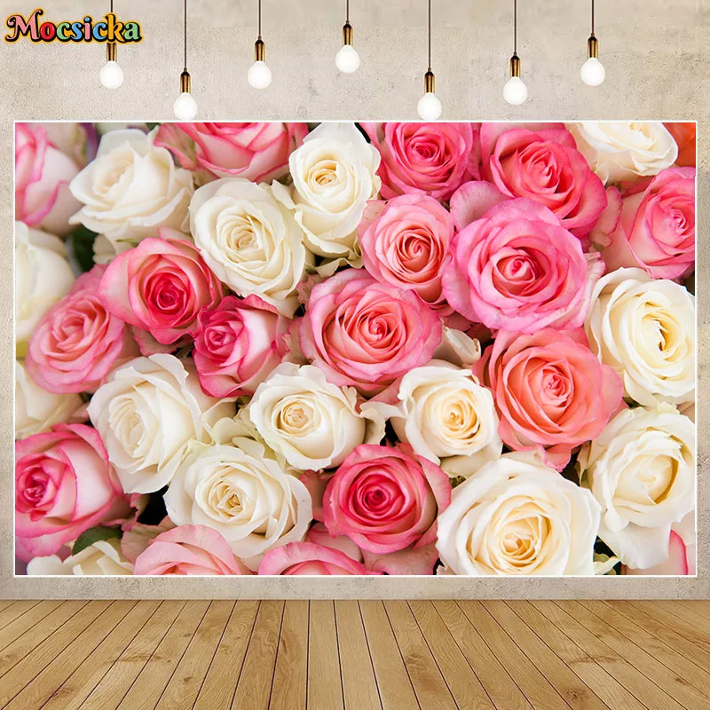 Mocsicka Pink Flower Wall Photo Background Floral Rose Wedding Decorations Baby Portrait Photography Backdrop Photo Studio Props