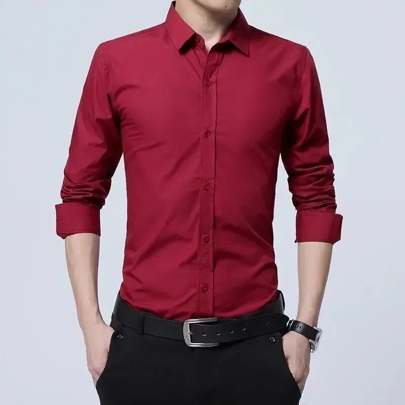 

Business Casual Korean Autumn New Simple Simple Long Sleeves Shirt Men Solid Square Neck Button High Grade Feel Non Ironing Tops