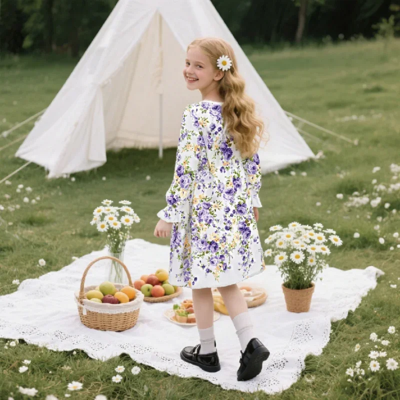 2025 Girls Long Sleeve Purple Floral Print Dress - Vintage Bohemian Picnic Dress