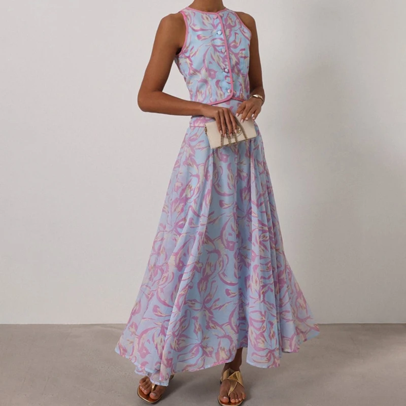 New Summer Sleeveless Bohemian Suit Fashionable Print Elegant Party Set Women Spring O Neck Button Vest Top & Maxi Skirts Outfit