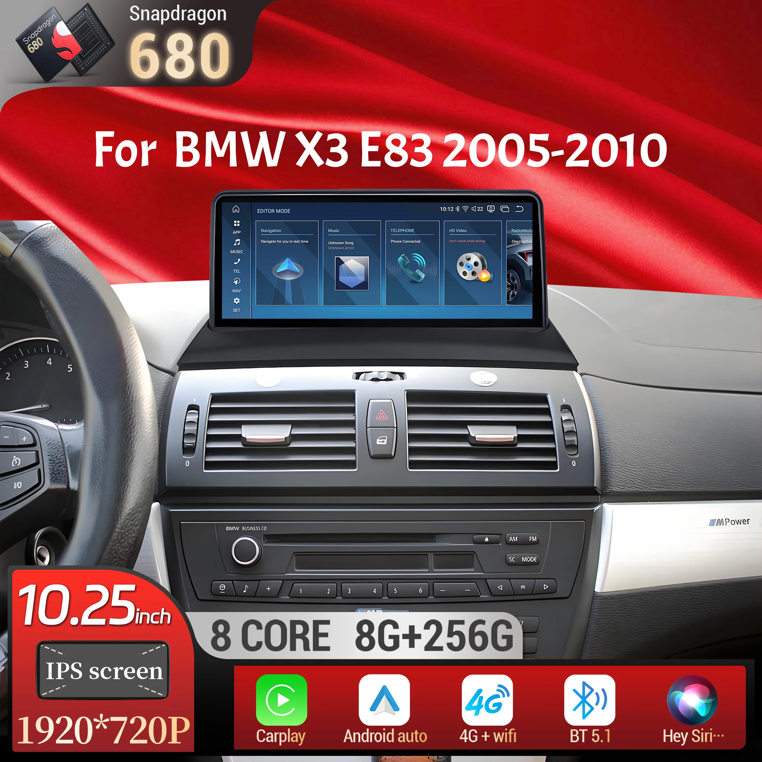 

10.25 inch Android 13 For BMW X3 E83 2005 2006 2007 2008 2009 2010 Car Radio Multimedia Wireless Carplay Snapdragon 680 Screen