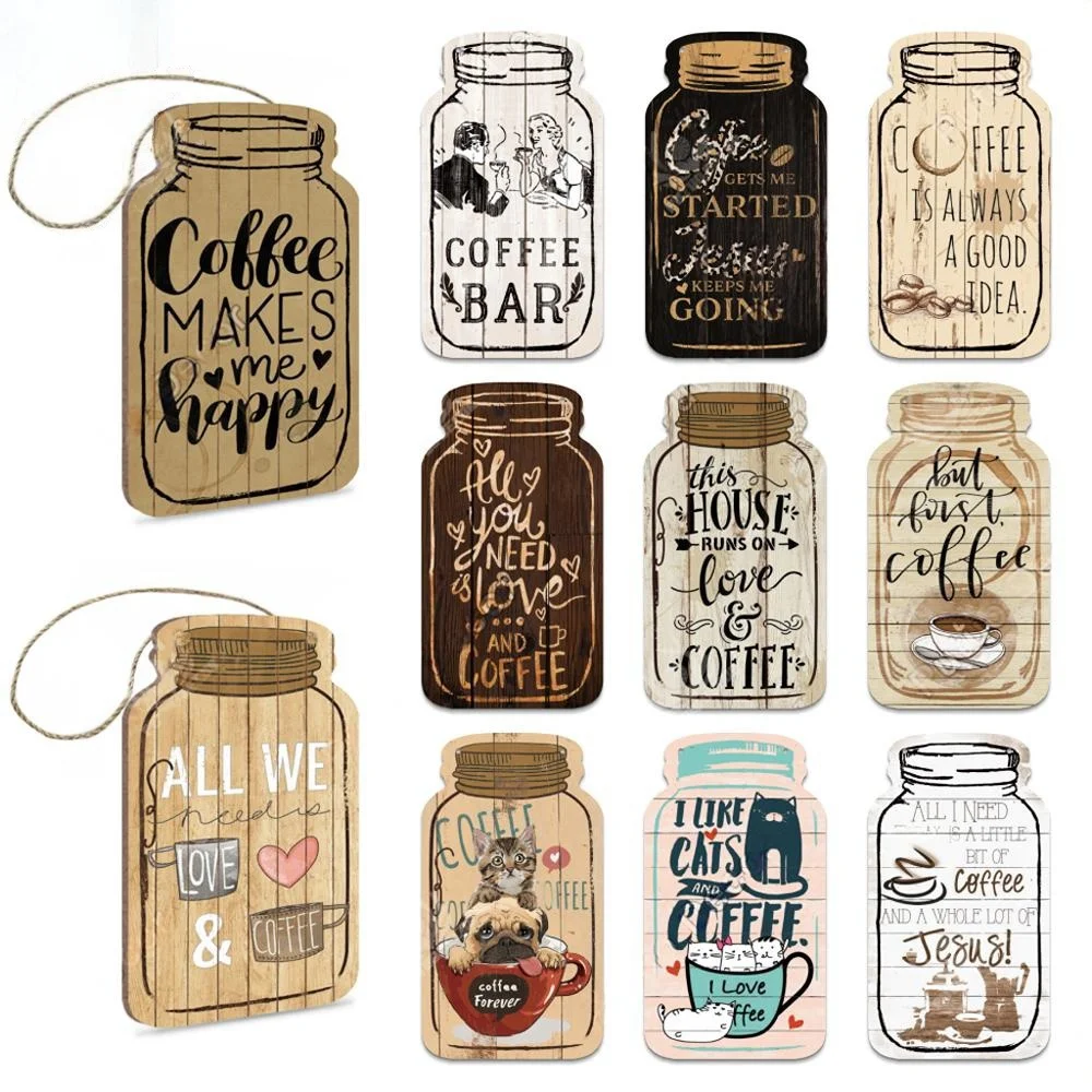 Vintage Decor Coffee Plaques Mason Jar Shape Wooden Signs Irregular Plate for Cafe Decoration Kitchen Wall Decorative Plaque