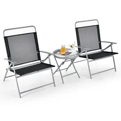 3pcs Patio Folding Table Chair Set Extra-Large Seat Metal Frame Portable Outdoor