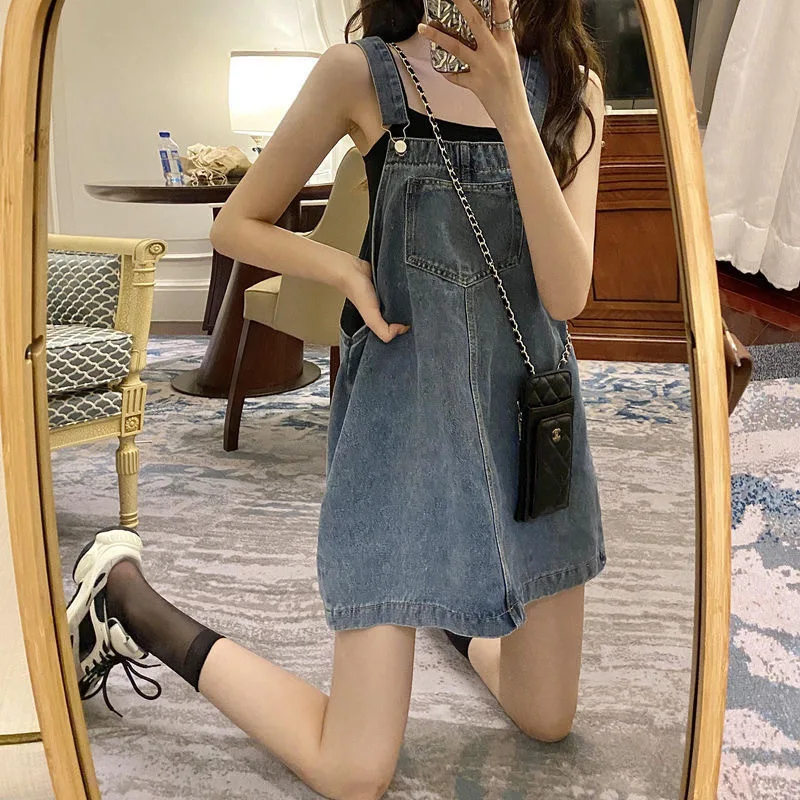 

Washed Denim Dress Women Pullover Sleeveless Knee Length Dresses Vestidos Mom Jeans Casual Loose Pockets Y2k Streetwear