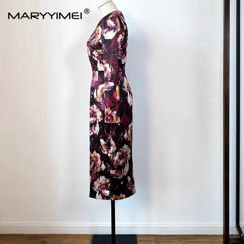 MARYYIMEI Fashion Designer Women\'s New Silk Vintage Long-Sleeved Hand-Painted Printed Wine Red Hip Wrap Pencil Split MIDI Dress