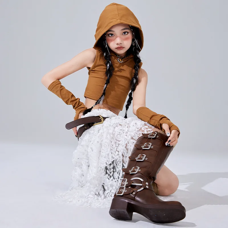 Kid Cool Hip Hop Clothing Brown Hoodie Tank Crop Top White Layered Irregular Hem Lace Skirt for Girl Jazz Dance Costumes Clothes