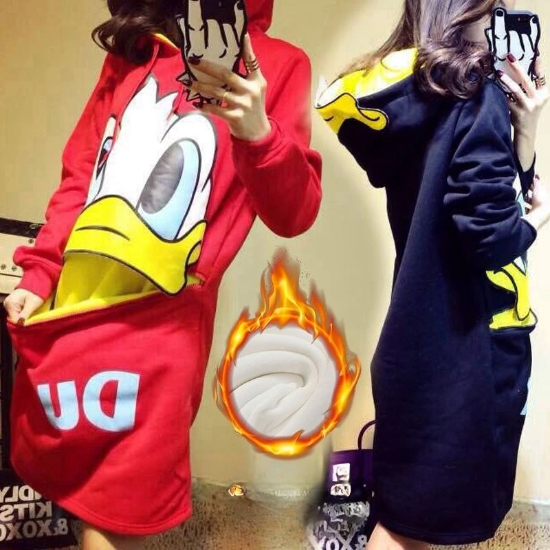 

Флисовая толстовка с капюшоном Disney с рисунком Дональда Дака, серебряная лиса, женская утолщенная флисовая куртка-пуловер больших размеров длиной миди