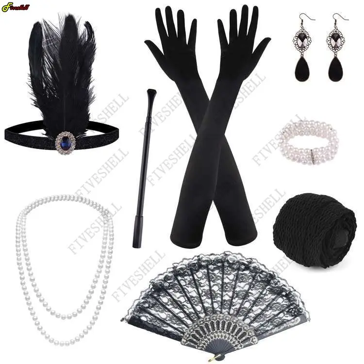 Accesorios de Cosplay para fiesta de Halloween, conjunto de accesorios para disfraz de aleta, diadema de plumas, collar de perlas, guantes largos, conjunto de accesorios 1920s