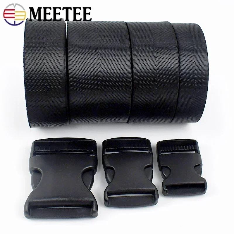 2/5Sets Ribbon Strap Fastener Buckle 20-50mm Release Plastic Buckle+Black Nylon Webbing Backpack Tape Adjust Clip Closure Clasp