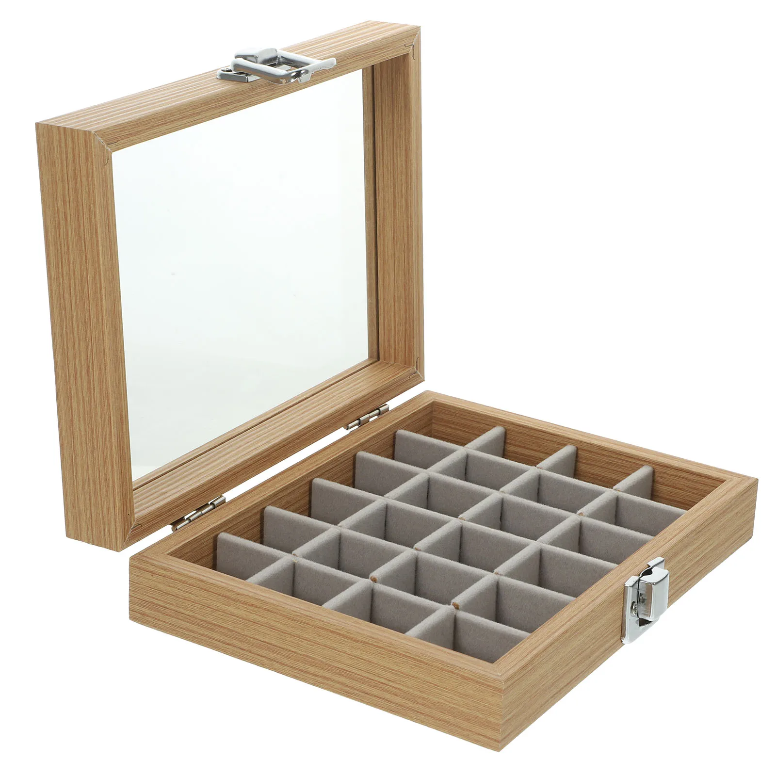 

Wooden Jewelry Box Organizer Storage Dish 12 Compartments Portable Small Size Clear Glass Lid Multi Grid Display Case