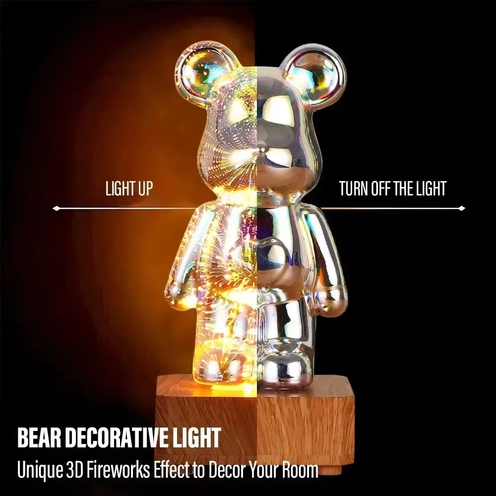 3D Firework Bear Night Light Led Glass Table Lamp Dimming Projection Colorful Cute Room Decor Bedroom Atmosphere Gift Decorative