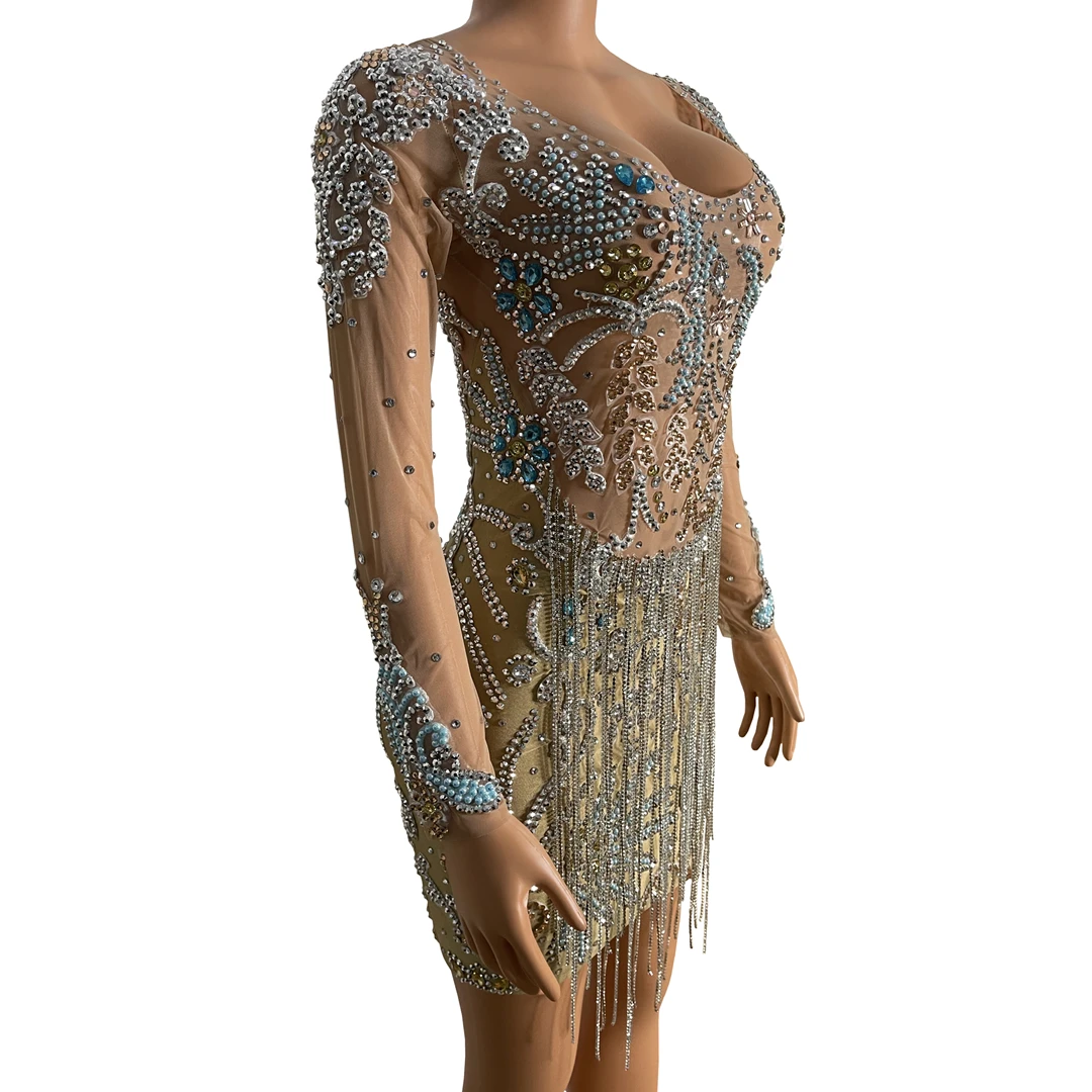 Sparkly Kristalle Strass Fransen Mesh Kurze für Kleid Frauen Abend Prom Homecoming Geburtstag Kleid Sänger Zeigen Bühne Tragen