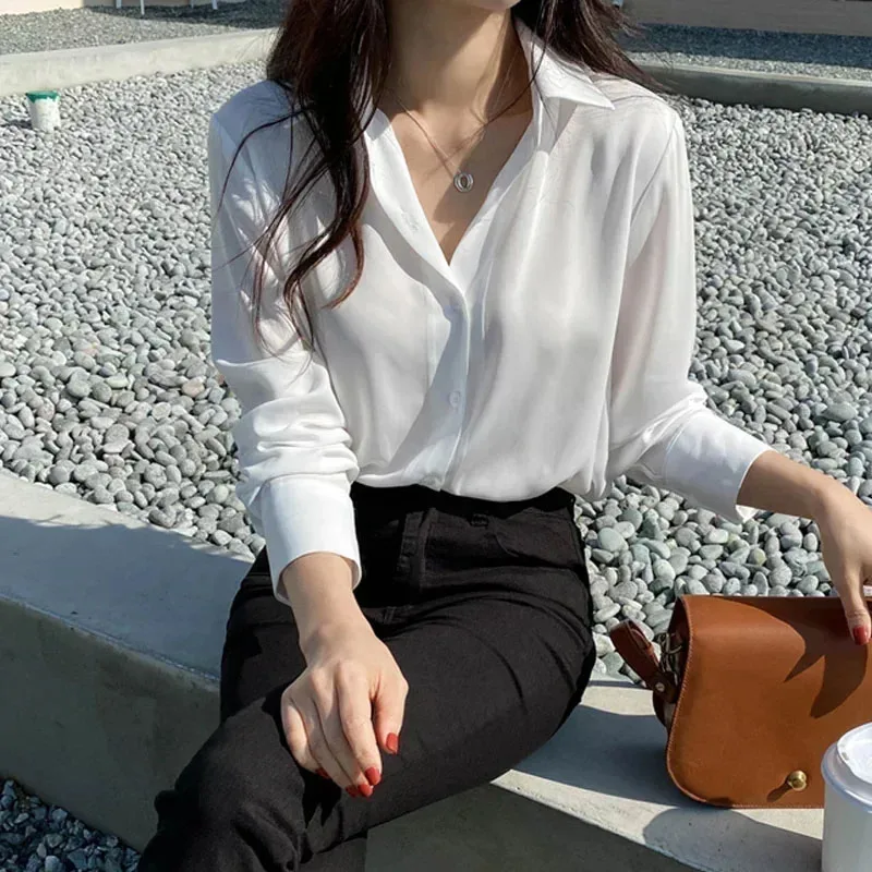 Black Korean New Spring Fashion Women Tops Blouse White Blouse Bottom Shirt Chiffon Shirt Office Lady Clothes All-match 11397