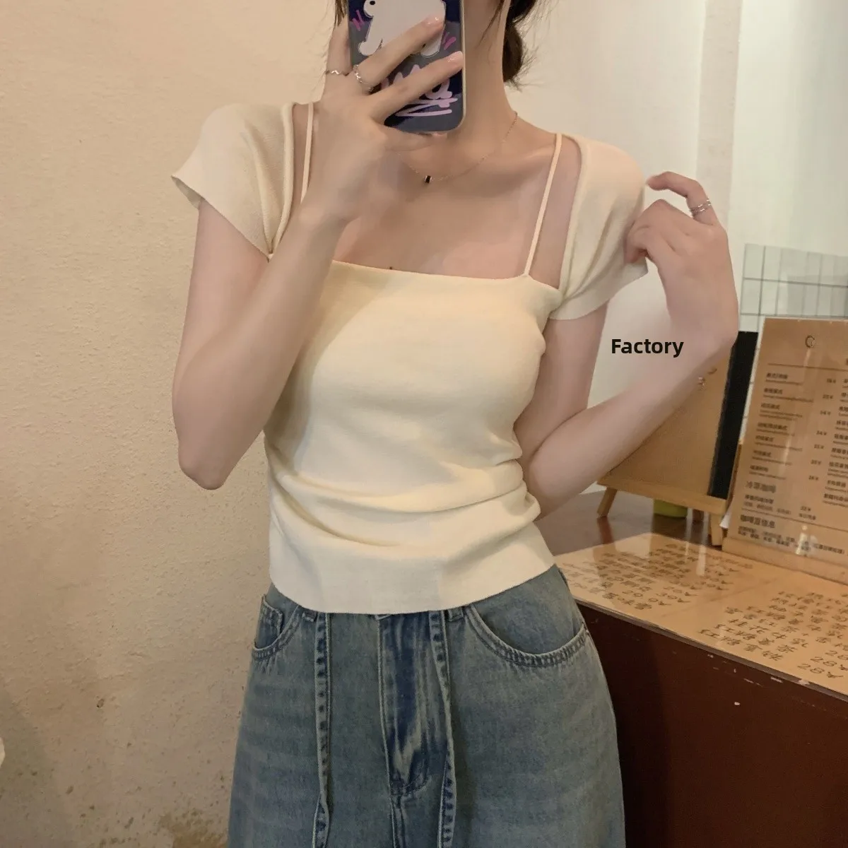 

Облегающий корейский трикотаж ort Sve с квадратным воротником, дизайн лета, новое поступление для студентов, удобный полиэстер...