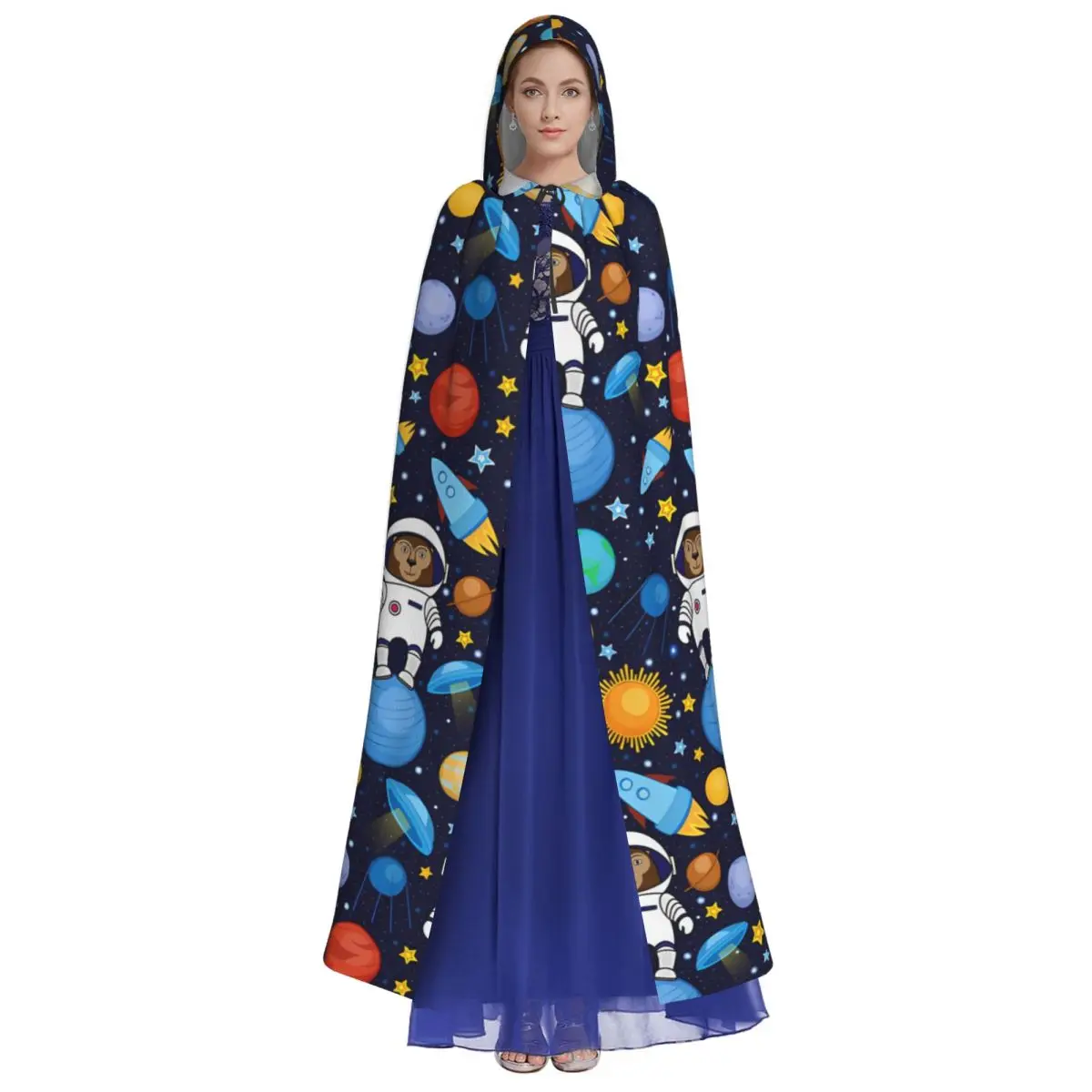 Cartoon Space Pattern With Monkey Astronauts Rockets Planets Witch Cloak Hooded Cosplay Costume Halloween Adult Long Party Cape