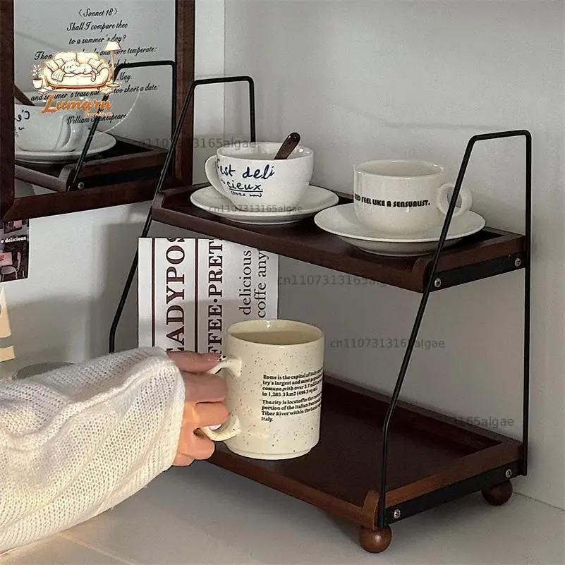 Vintage Wooden Multifunctional Double Cup Holder Kitchen Spice Jar Storage Rack Iron and Wood Combined Storage Rack