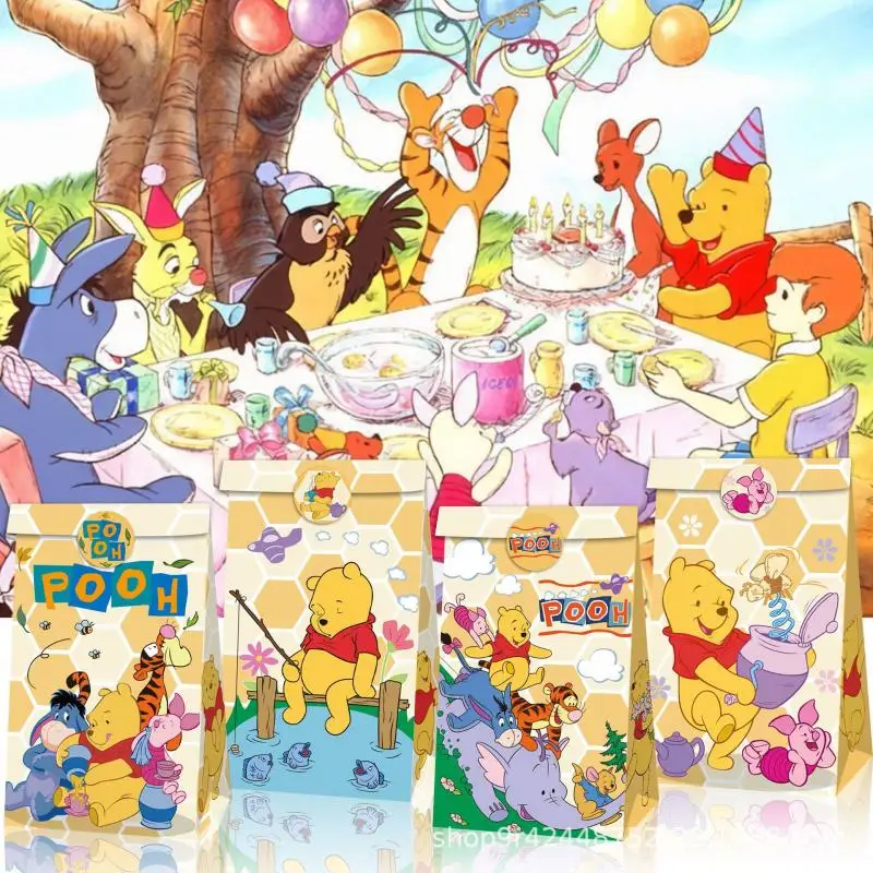 Pooh Bear Carton Candy Gift Box 12Pcs Anime Disney Kraft Paper Bag Sticker Portable Paper Box Child Party Paper Bag Wholesale