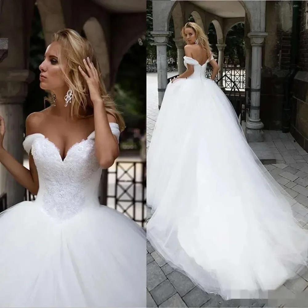 Off Dresses Schulter elegant die Tüll Sweep Zug Spitze Applikation maßge schneiderte Plus Size Hochzeit Brautkleider Vestido de Novia