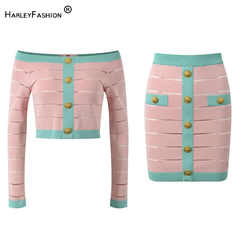 

New Arrival Fall Autumn Lady Suit Sexy Off Shoulder Long Sleeve Tops Short Mini Skirt Women Single-breasted Knit 2PCS
