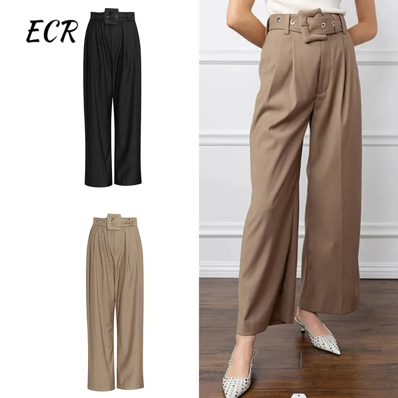 

ECR Patchwork Belted Long Trouser For Women Gathered Waist Straight Solid Casual Pants Female Fashion Loose Autumn 2024 Style