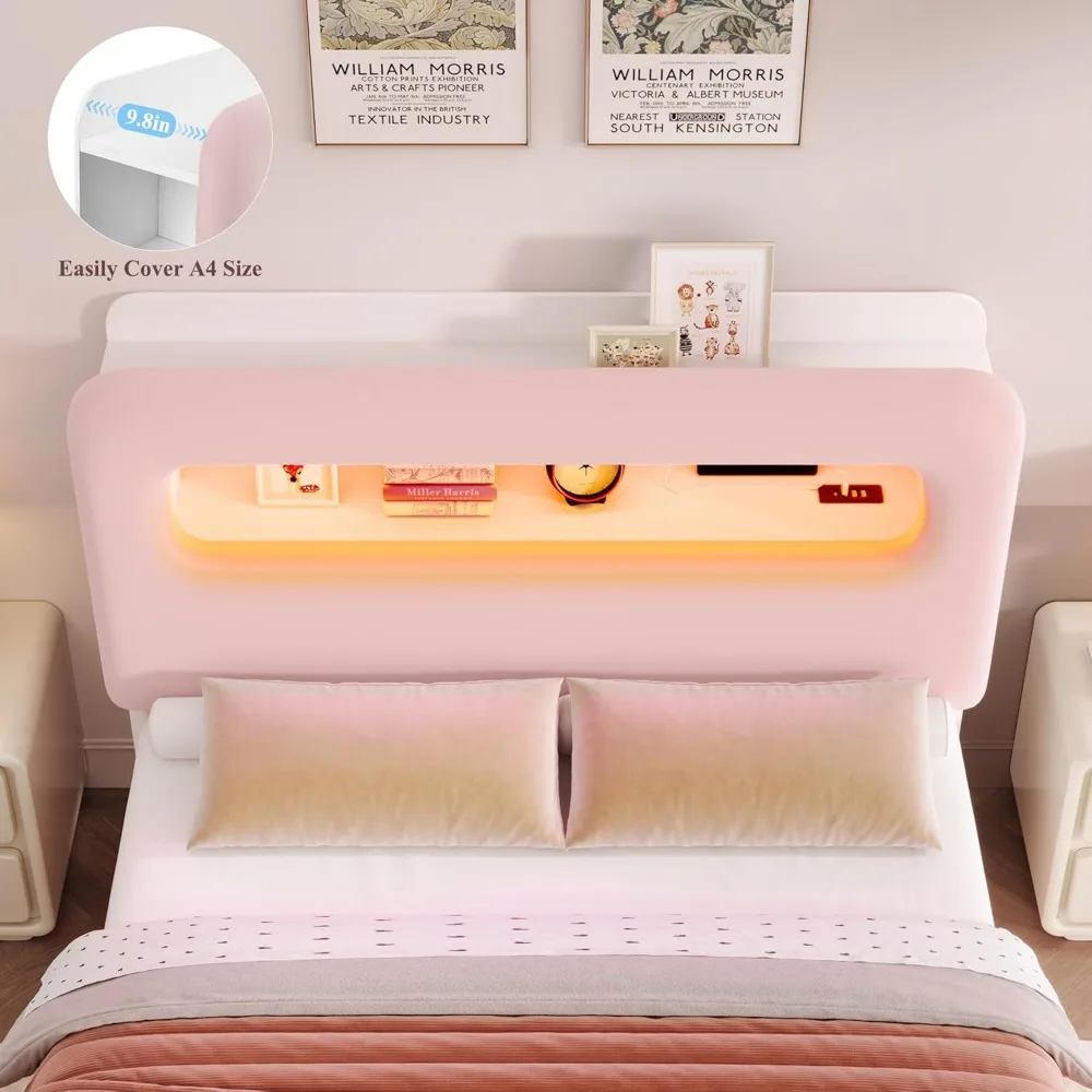 Queen LED Bed Frame with Storage Headboard, Girls Bed Frame with 2 Drawers and USB Ports,Velvet Upholstered Platform Beds Frames