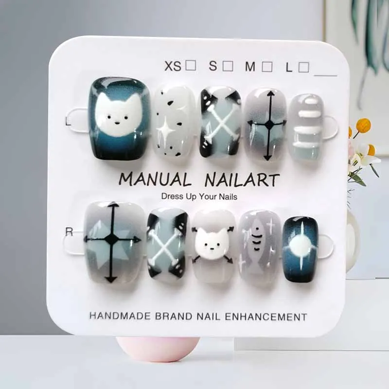 10 pièces dessin animé mignon chat noir bleu gris géométrie à la main presse sur les ongles tête carrée Patch pour ongles oeil de chat Patch pour ongles faux ongles Art
