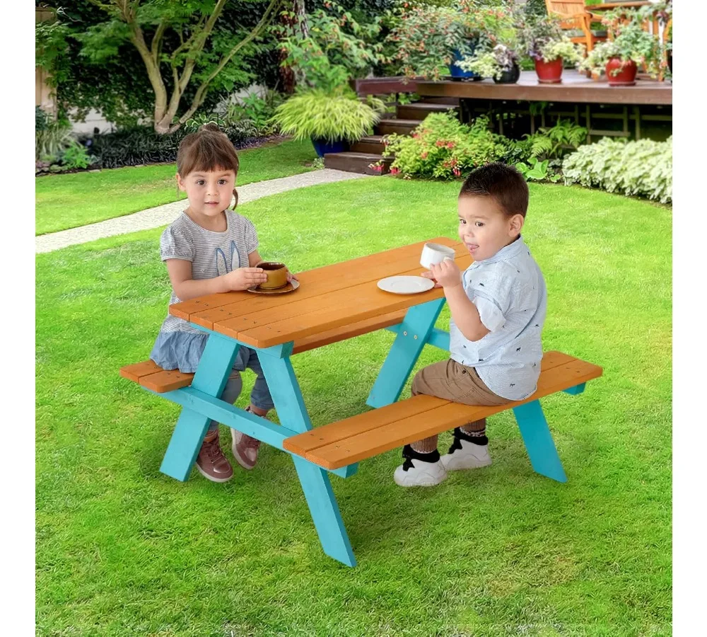مجموعة طاولات ومقاعد خشبية للنزهات الخارجية للأطفال - صنوبر متين، سهل التجميع، لون مائي ممتع