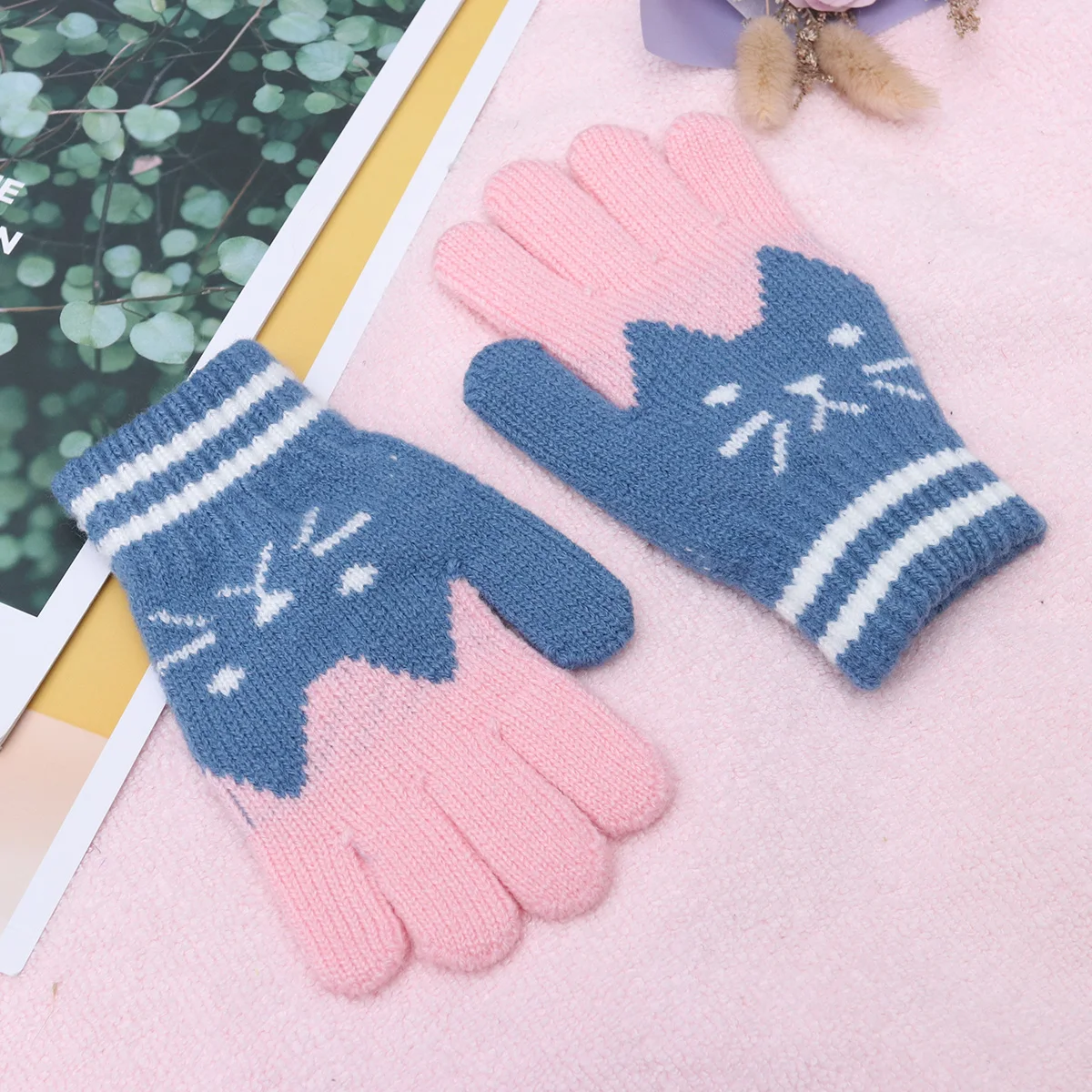 

Warm Knitted Gloves For Kids Girls Comfortable Wool Blend Touch Warmth Protection Outdoor Play Blue