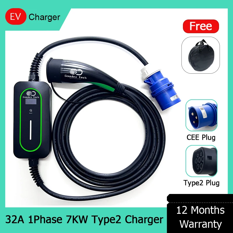 Портативное зарядное устройство Type2 Тип 1 ГБT Зарядное устройство для электромобиля Кабель 5 м 7 кВт 32 А Регулируемый ток для домашней и наружной зарядки