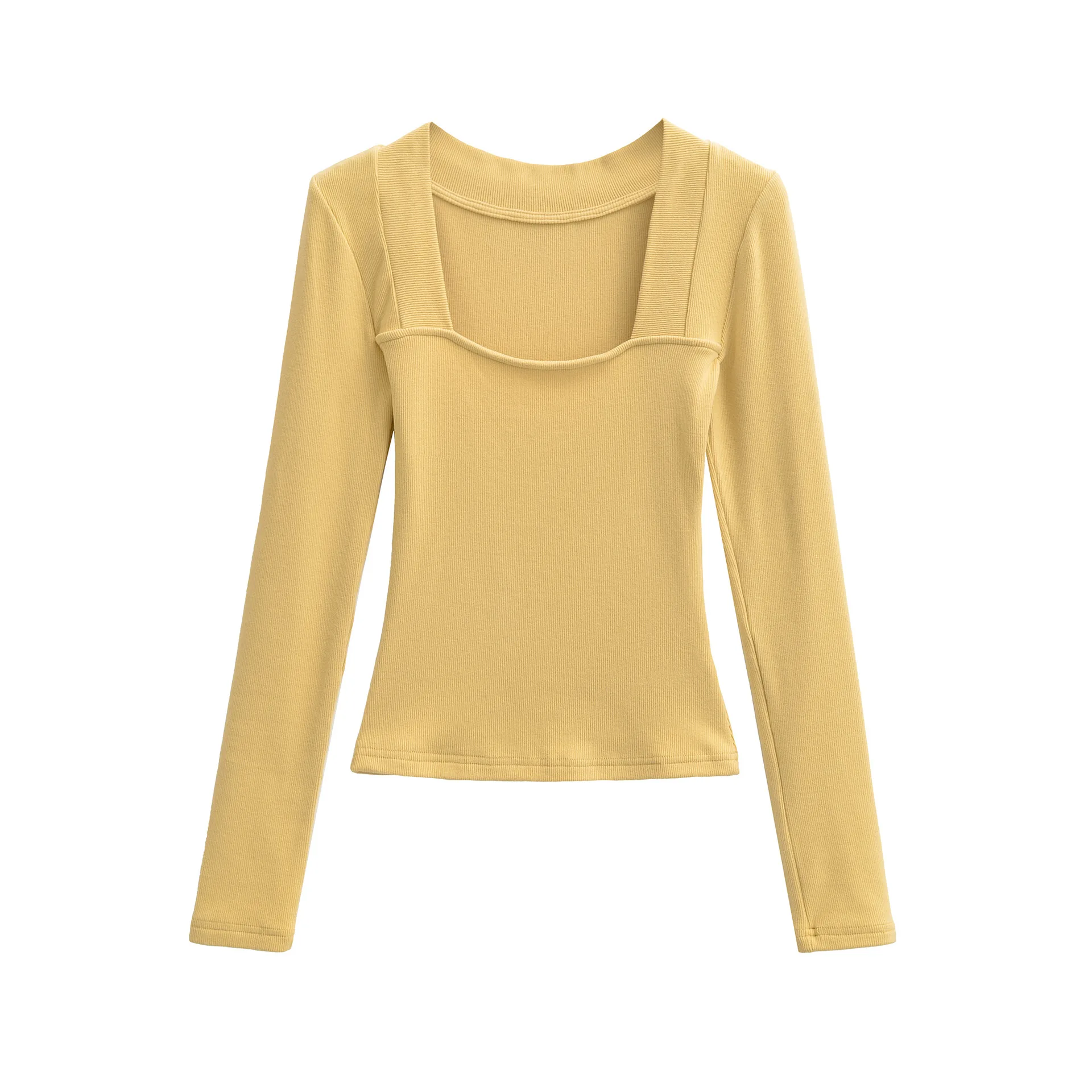 Korean-style girl's square-neck collarbone-revealing slimming long-sleeve T-shirt for women new double-sided brushed fabric 74K6