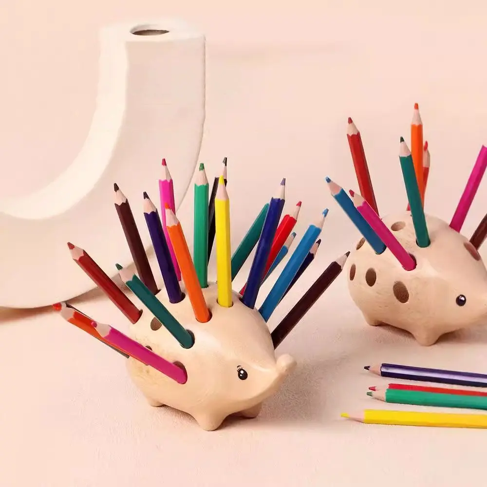 Creative Hedgehog Pen Holder 21 Holes Wooden Art Pencil Stand Set Smooth Surface Table Decoration Pen Container Art and Craft