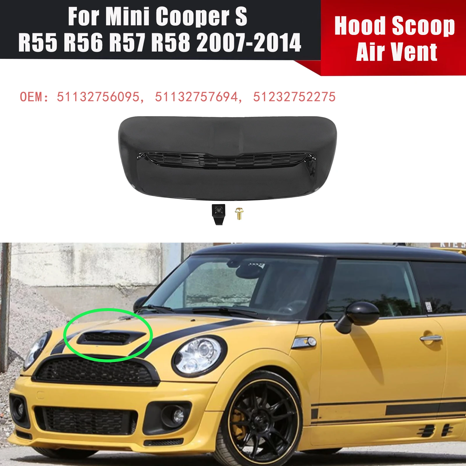 

Car Hood Scoop Air Vent For Mini Cooper S R55 R56 R57 R58 2007-2014 OEM 51132757694 51232752275 Glossy Black/Carbon Fiber Style
