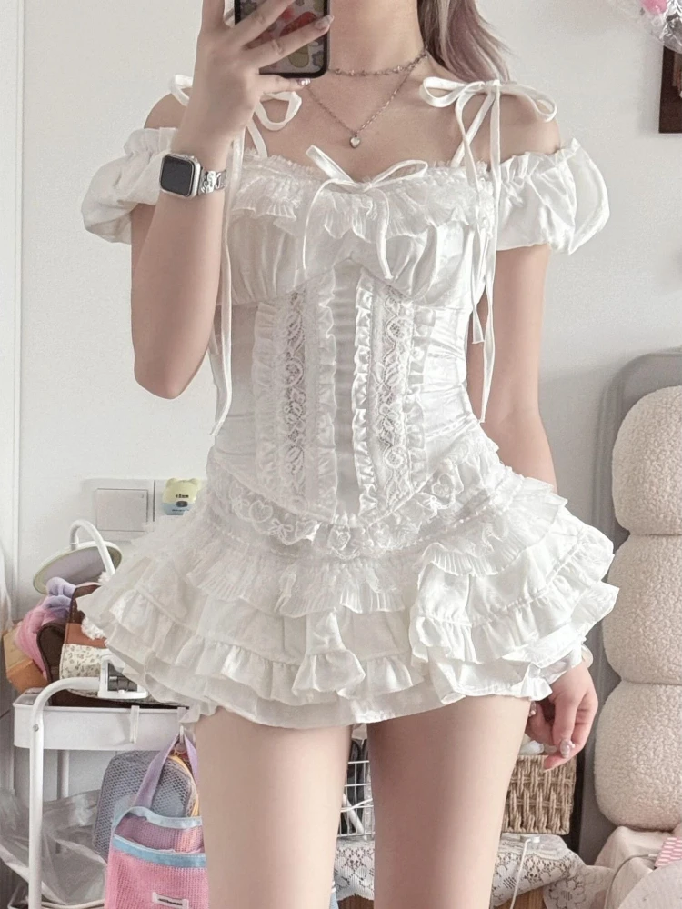 Sweet Lolita 2 Piece Set Women Lace Bowknot Puff Sleeve Corset High Waist Ruffle Cake Skirt Kawaii Coquette Japanese Fashion