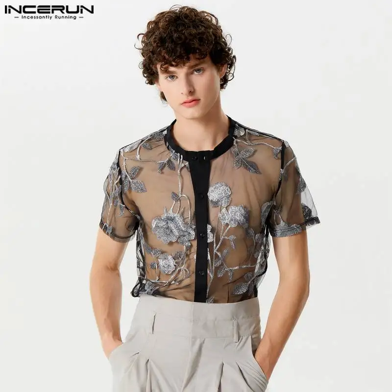 

INCERUN Tops 2024 American Style Fashion New Mens Rose Jacquard Perspective Shirts Sexy Hot Sale Thin Short Sleeved Blouse S-5XL